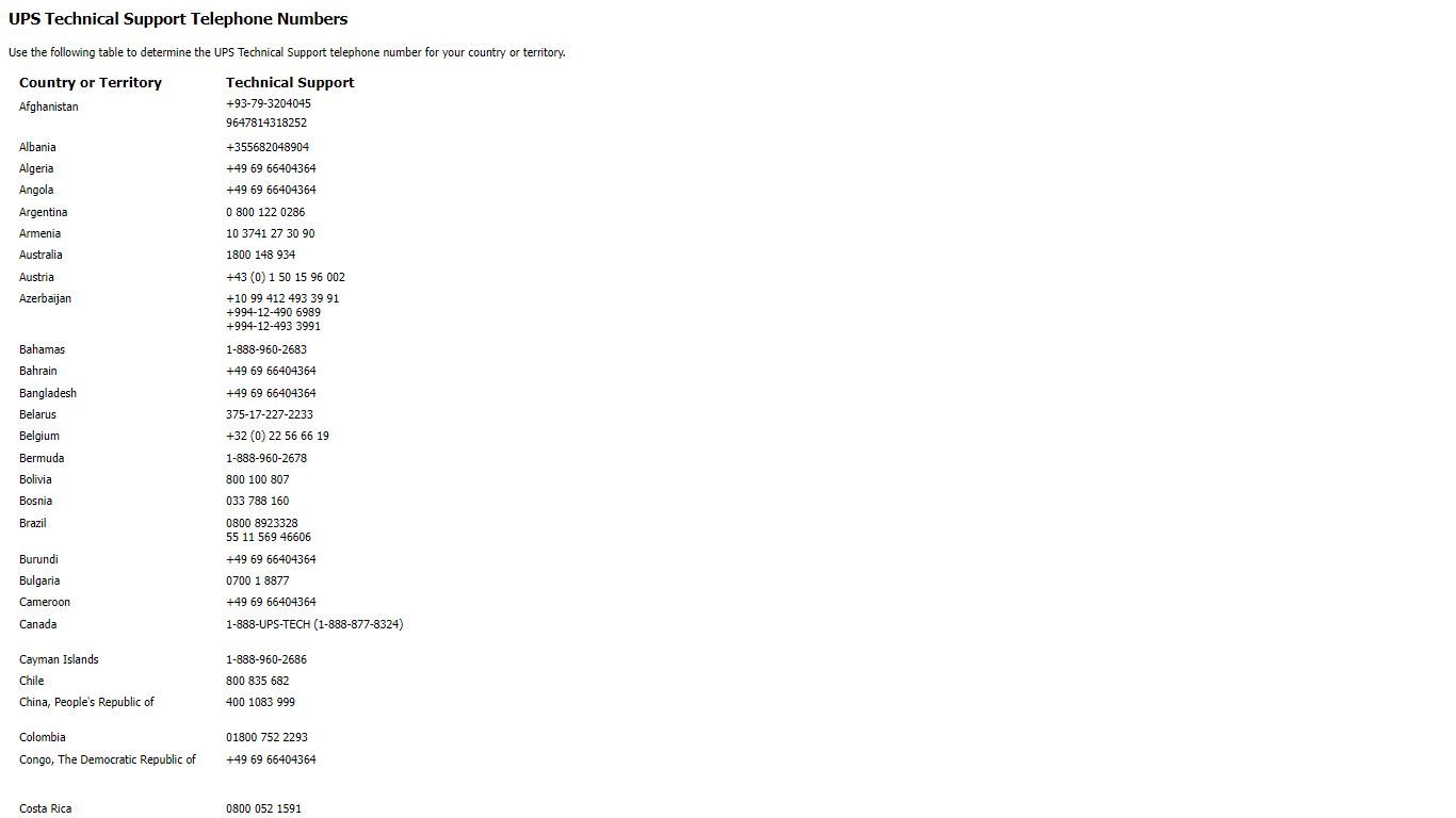 UPS Technical Support Telephone Numbers